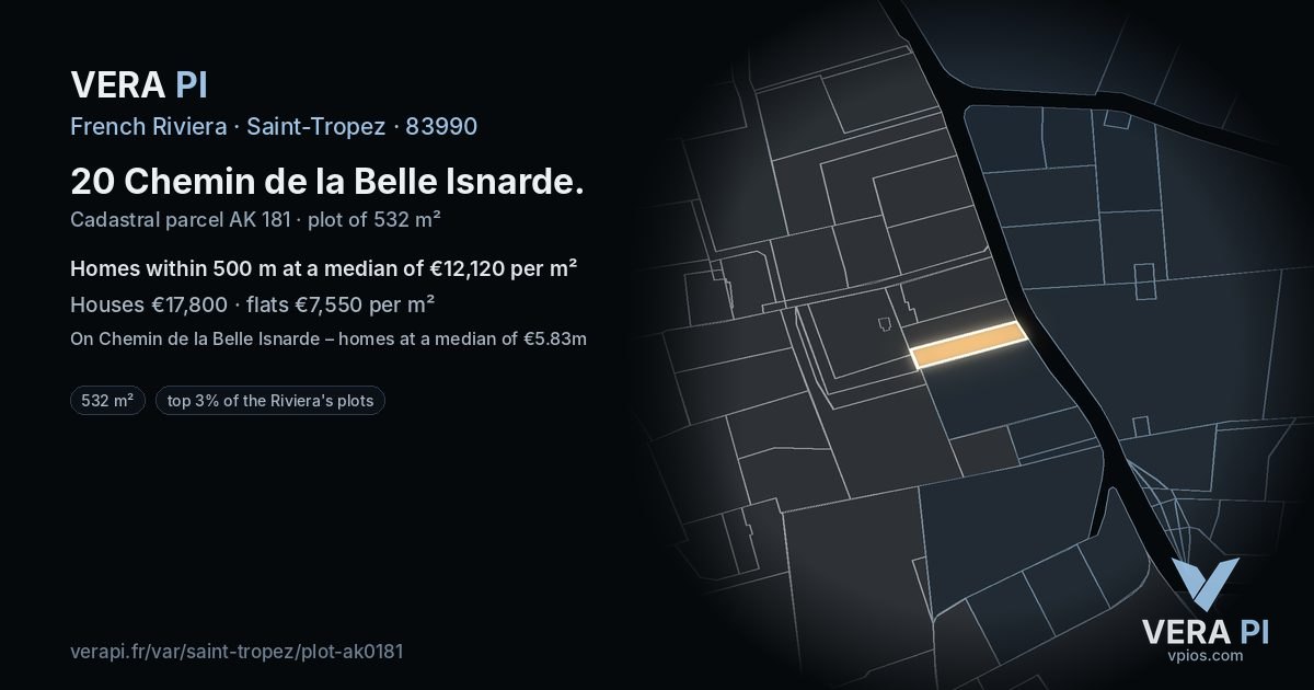 20 Chemin de la Belle Isnarde, Saint-Tropez at night – the plot lit, the parcels around coloured by the prices near them