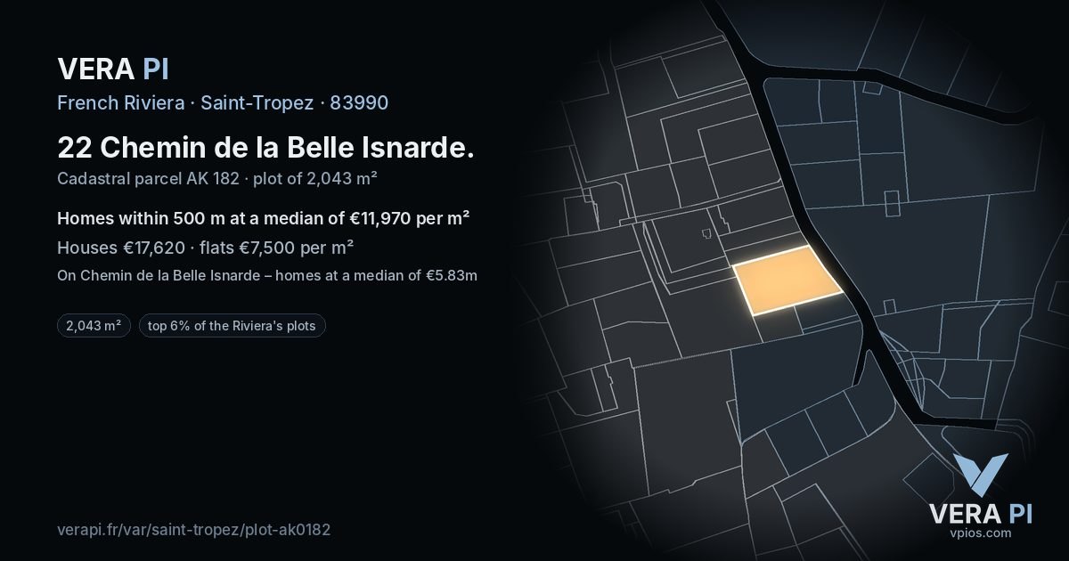 22 Chemin de la Belle Isnarde, Saint-Tropez at night – the plot lit, the parcels around coloured by the prices near them