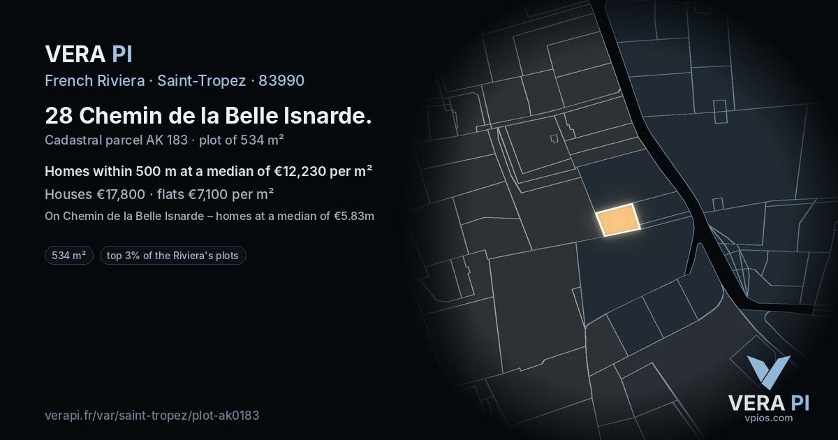 28 Chemin de la Belle Isnarde, Saint-Tropez at night – the plot lit, the parcels around coloured by the prices near them