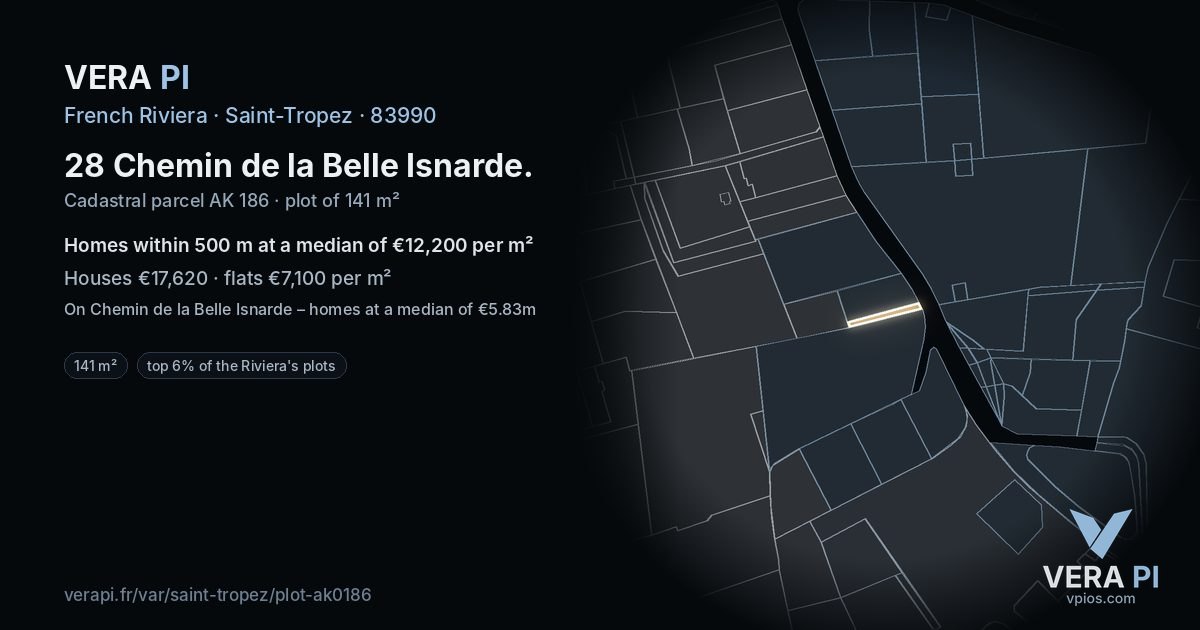 28 Chemin de la Belle Isnarde, Saint-Tropez at night – the plot lit, the parcels around coloured by the prices near them