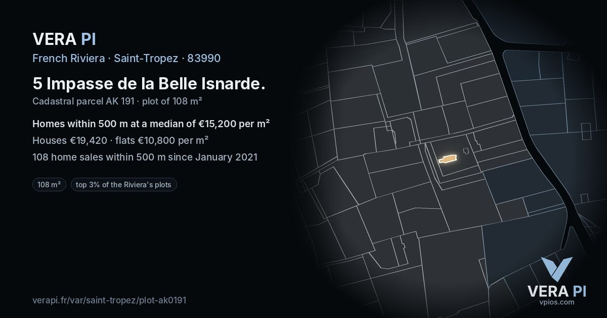 5 Impasse de la Belle Isnarde, Saint-Tropez at night – the plot lit, the parcels around coloured by the prices near them