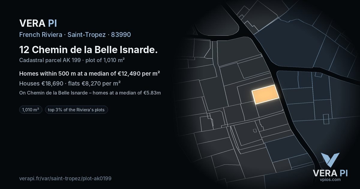 12 Chemin de la Belle Isnarde, Saint-Tropez at night – the plot lit, the parcels around coloured by the prices near them