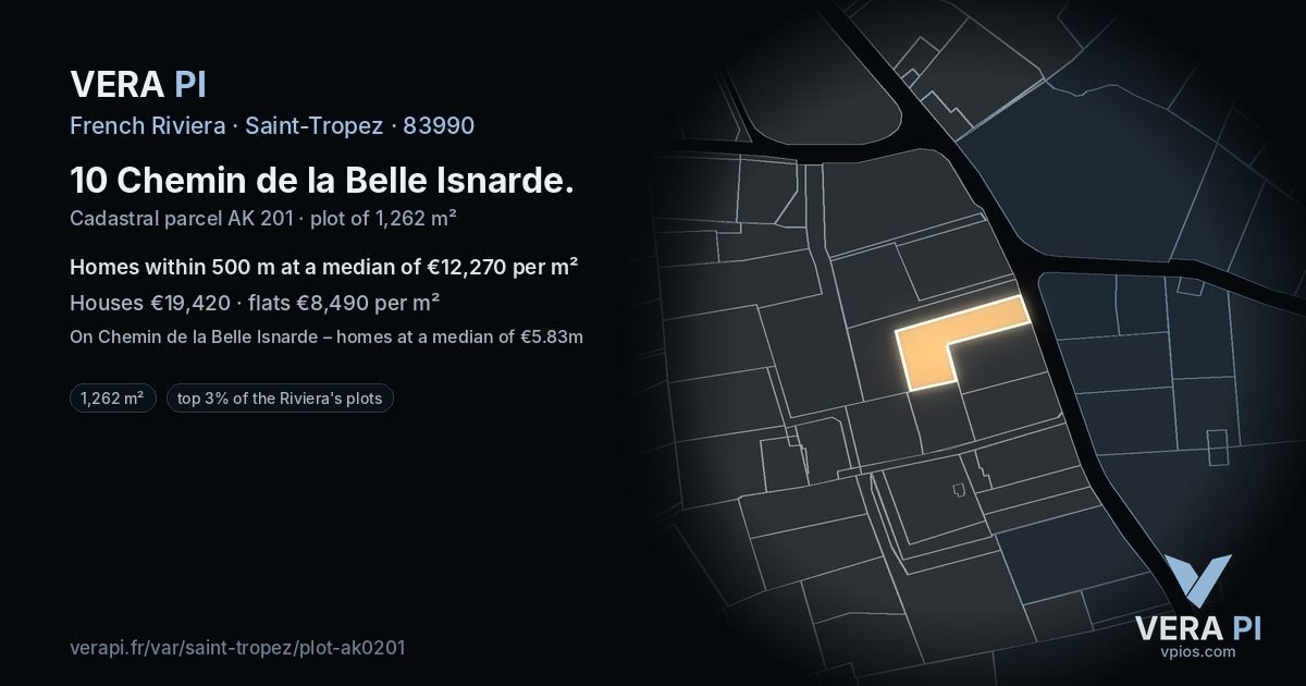 10 Chemin de la Belle Isnarde, Saint-Tropez at night – the plot lit, the parcels around coloured by the prices near them
