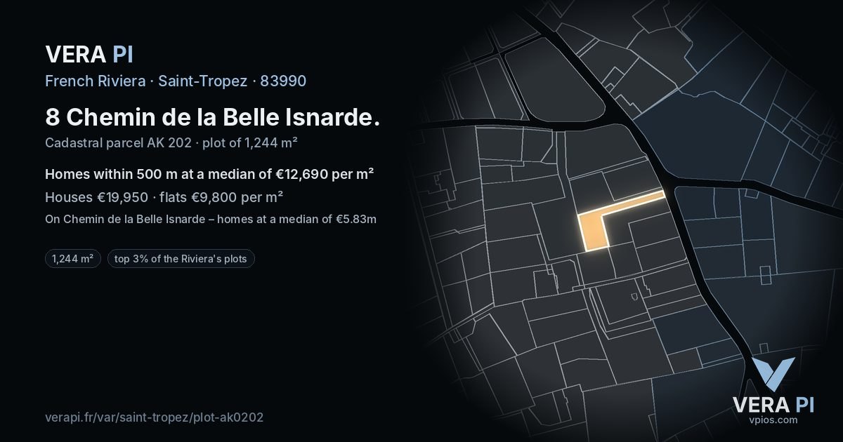 8 Chemin de la Belle Isnarde, Saint-Tropez at night – the plot lit, the parcels around coloured by the prices near them