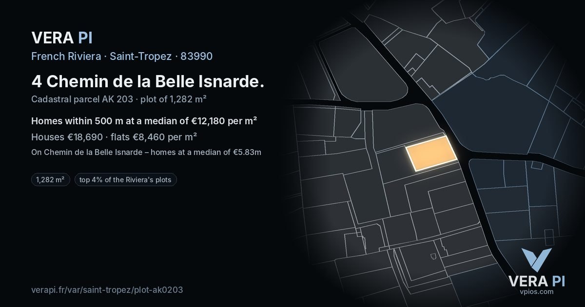 4 Chemin de la Belle Isnarde, Saint-Tropez at night – the plot lit, the parcels around coloured by the prices near them