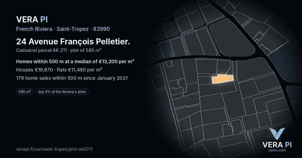 24 Avenue François Pelletier, Saint-Tropez at night – the plot lit, the parcels around coloured by the prices near them
