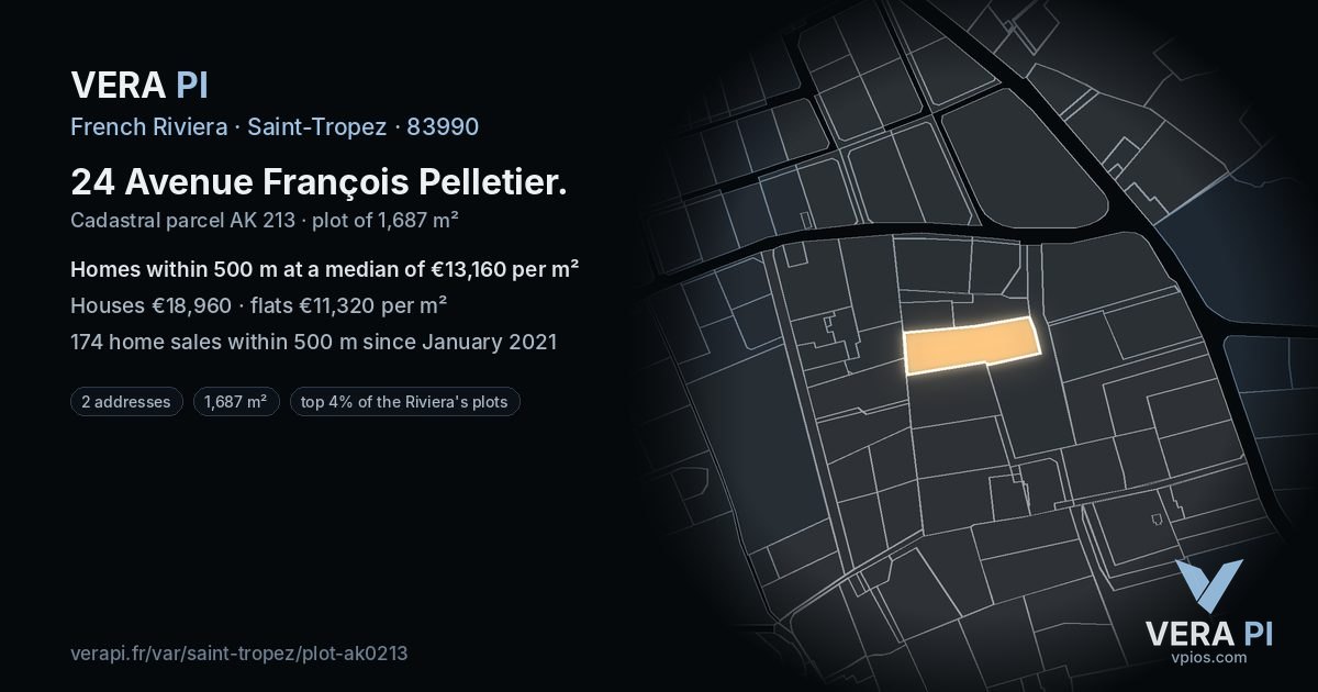 24 Avenue François Pelletier, Saint-Tropez at night – the plot lit, the parcels around coloured by the prices near them