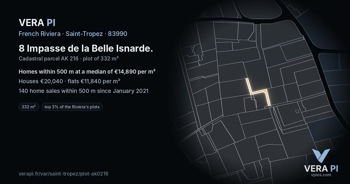 8 Impasse de la Belle Isnarde, Saint-Tropez at night – the plot lit, the parcels around coloured by the prices near them