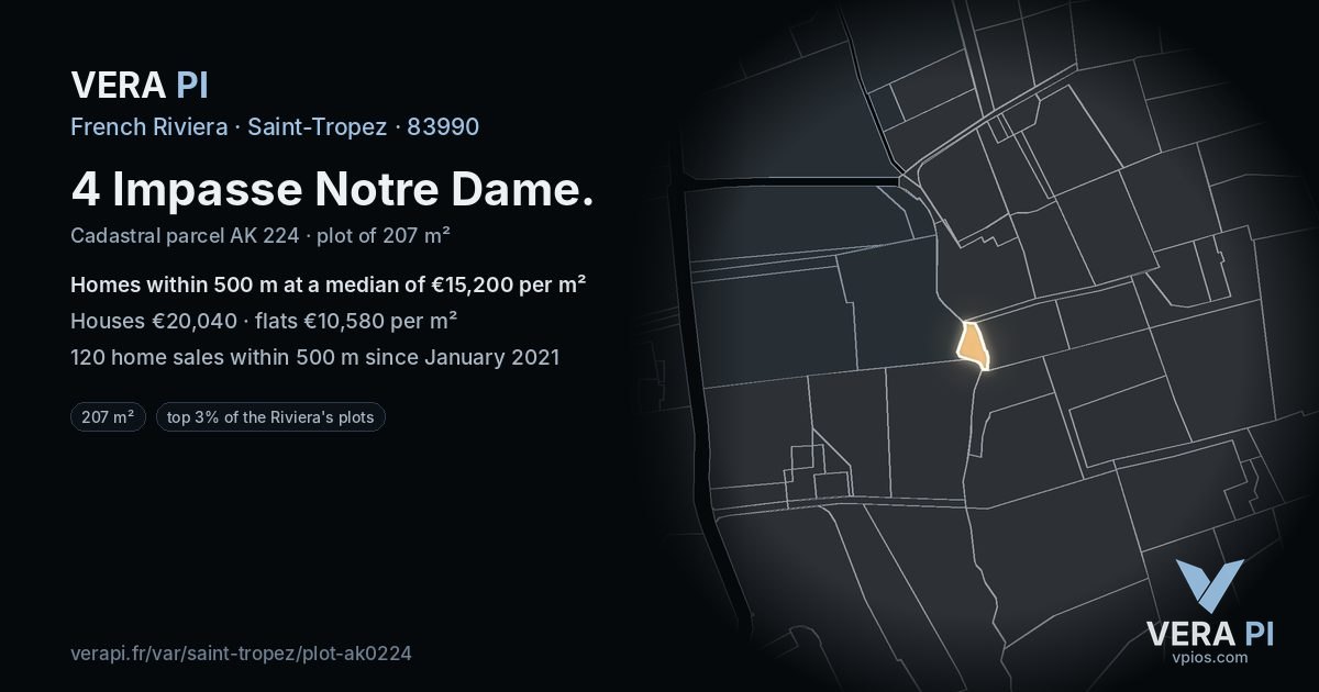 4 Impasse Notre Dame, Saint-Tropez at night – the plot lit, the parcels around coloured by the prices near them