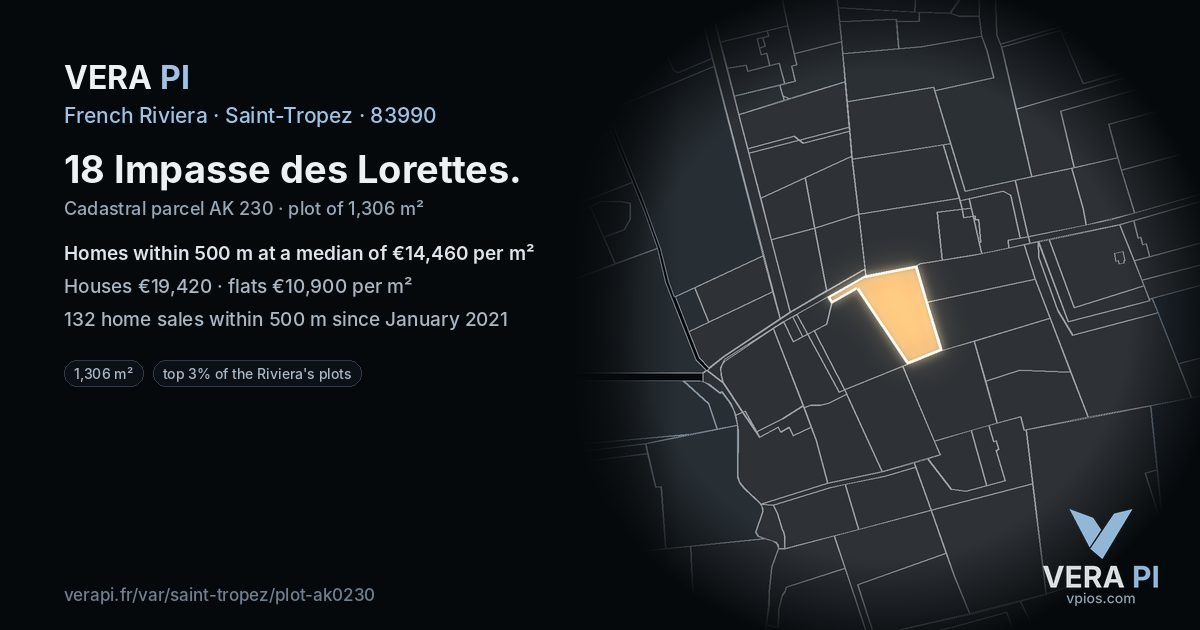 18 Impasse des Lorettes, Saint-Tropez at night – the plot lit, the parcels around coloured by the prices near them