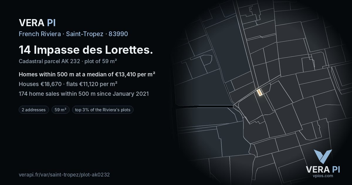 14 Impasse des Lorettes, Saint-Tropez at night – the plot lit, the parcels around coloured by the prices near them