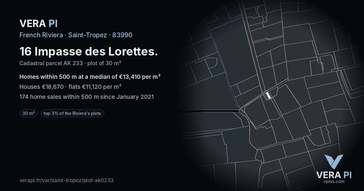 16 Impasse des Lorettes, Saint-Tropez at night – the plot lit, the parcels around coloured by the prices near them