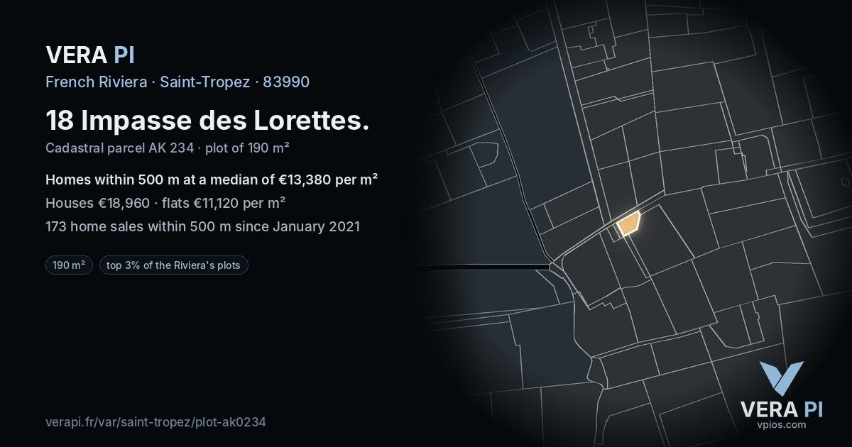 18 Impasse des Lorettes, Saint-Tropez at night – the plot lit, the parcels around coloured by the prices near them