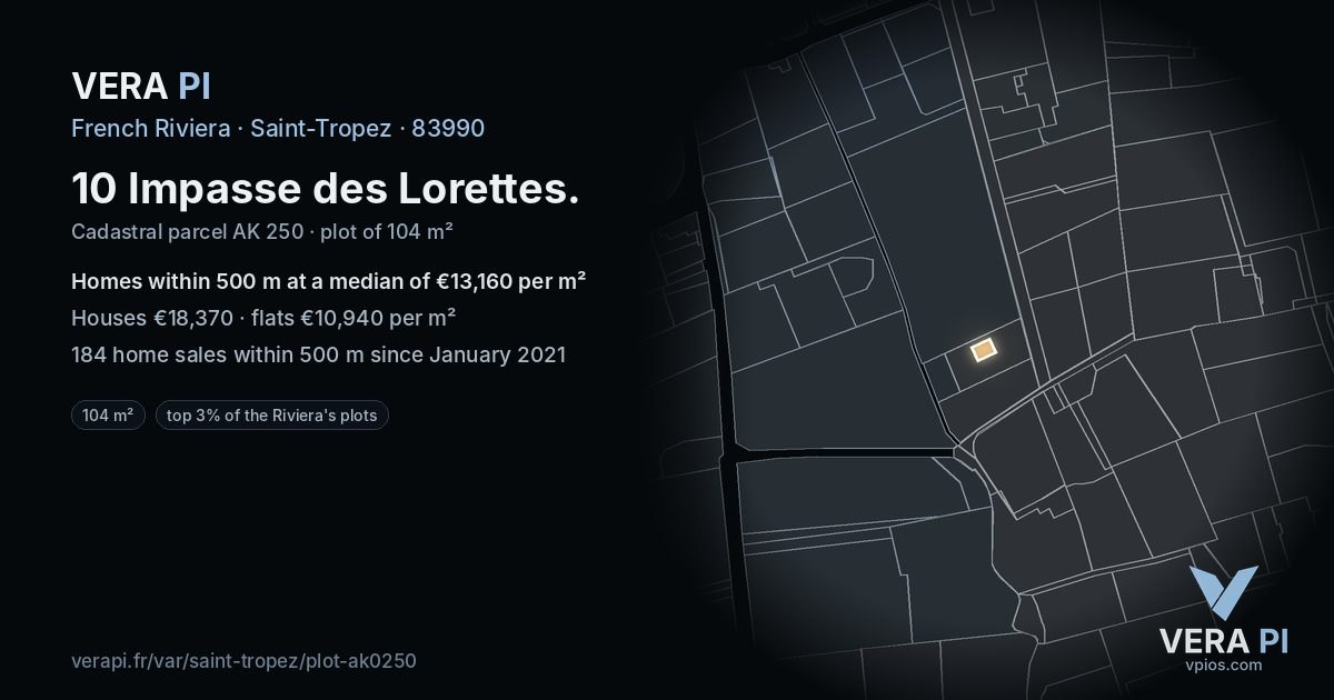 10 Impasse des Lorettes, Saint-Tropez at night – the plot lit, the parcels around coloured by the prices near them