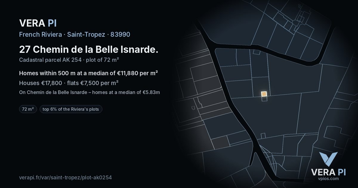 27 Chemin de la Belle Isnarde, Saint-Tropez at night – the plot lit, the parcels around coloured by the prices near them
