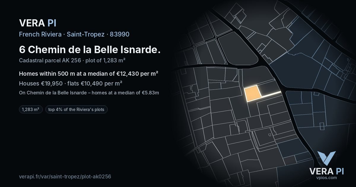6 Chemin de la Belle Isnarde, Saint-Tropez at night – the plot lit, the parcels around coloured by the prices near them