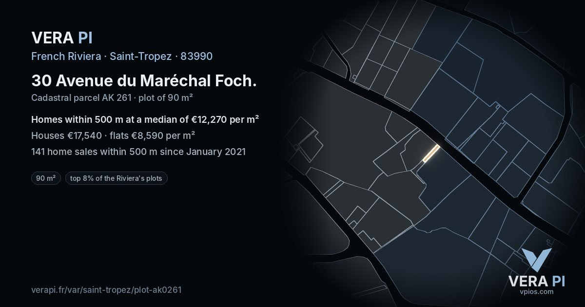 30 Avenue du Maréchal Foch, Saint-Tropez at night – the plot lit, the parcels around coloured by the prices near them