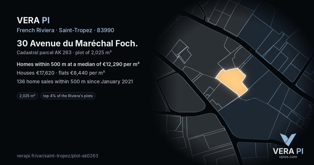 30 Avenue du Maréchal Foch, Saint-Tropez at night – the plot lit, the parcels around coloured by the prices near them
