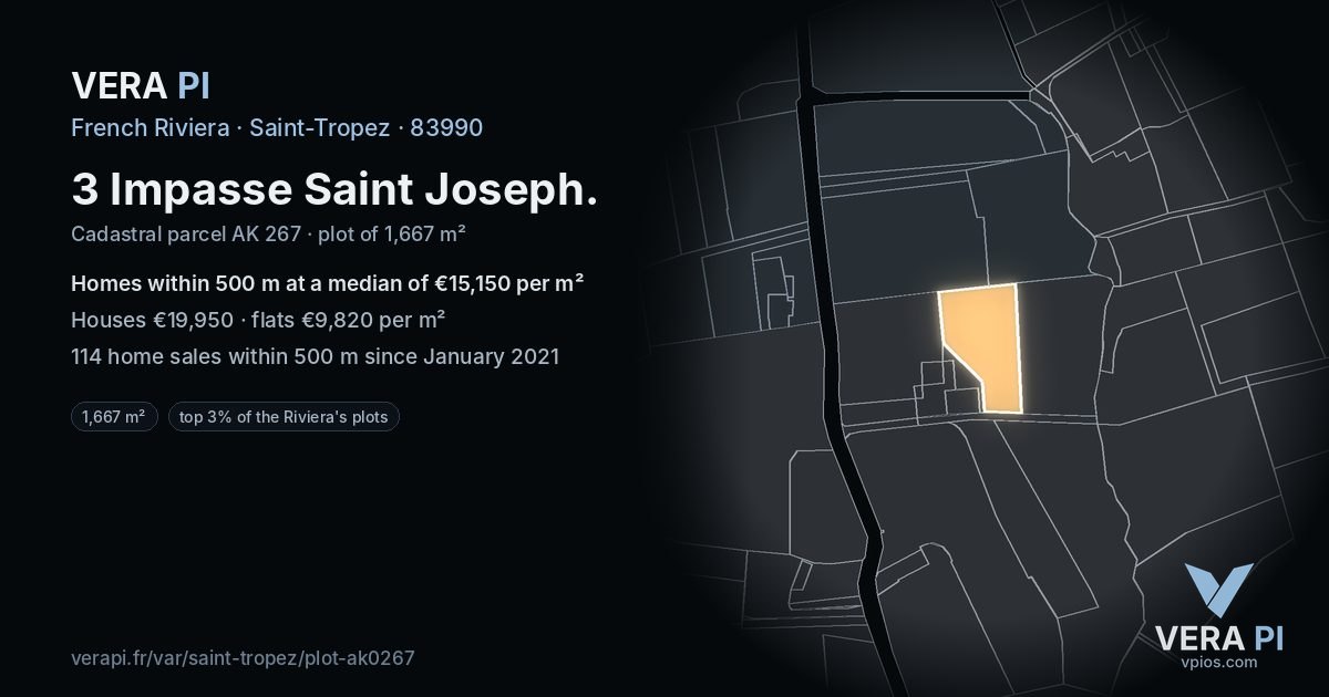 3 Impasse Saint Joseph, Saint-Tropez at night – the plot lit, the parcels around coloured by the prices near them