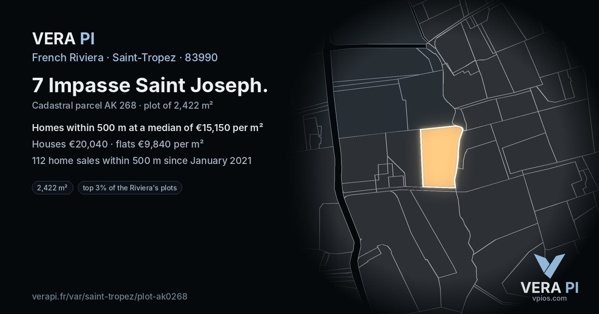 7 Impasse Saint Joseph, Saint-Tropez at night – the plot lit, the parcels around coloured by the prices near them