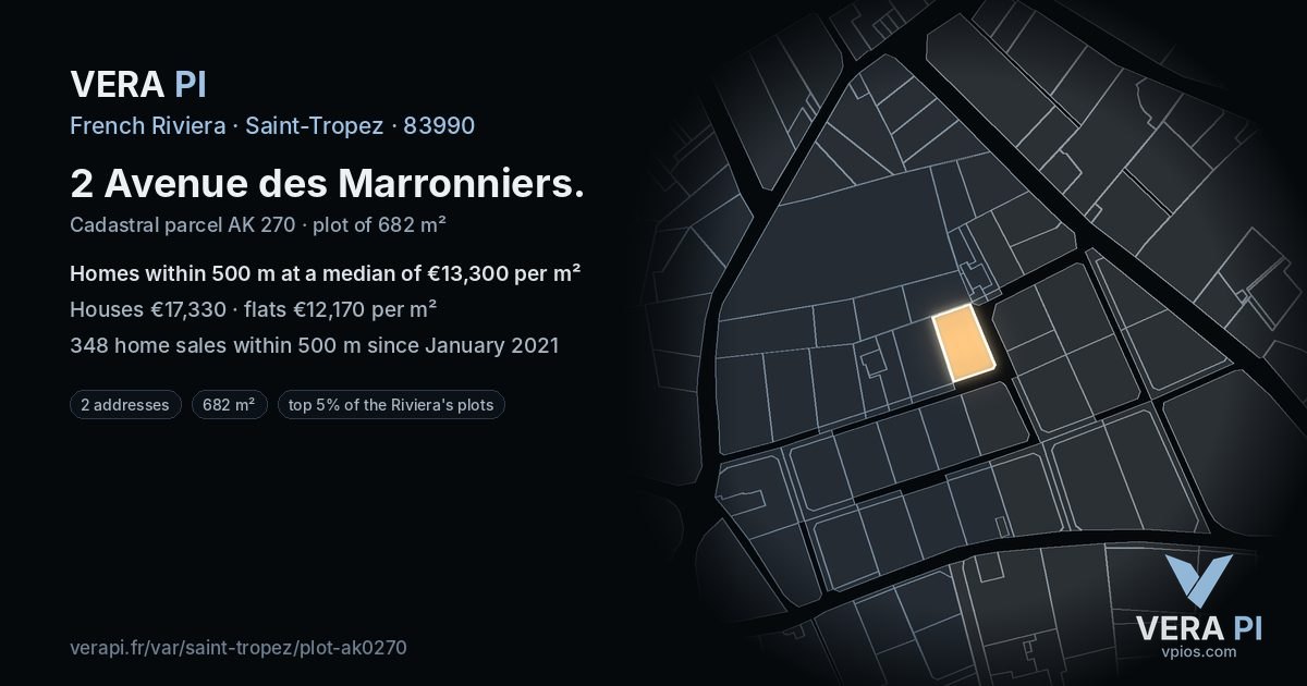 2 Avenue des Marronniers, Saint-Tropez at night – the plot lit, the parcels around coloured by the prices near them