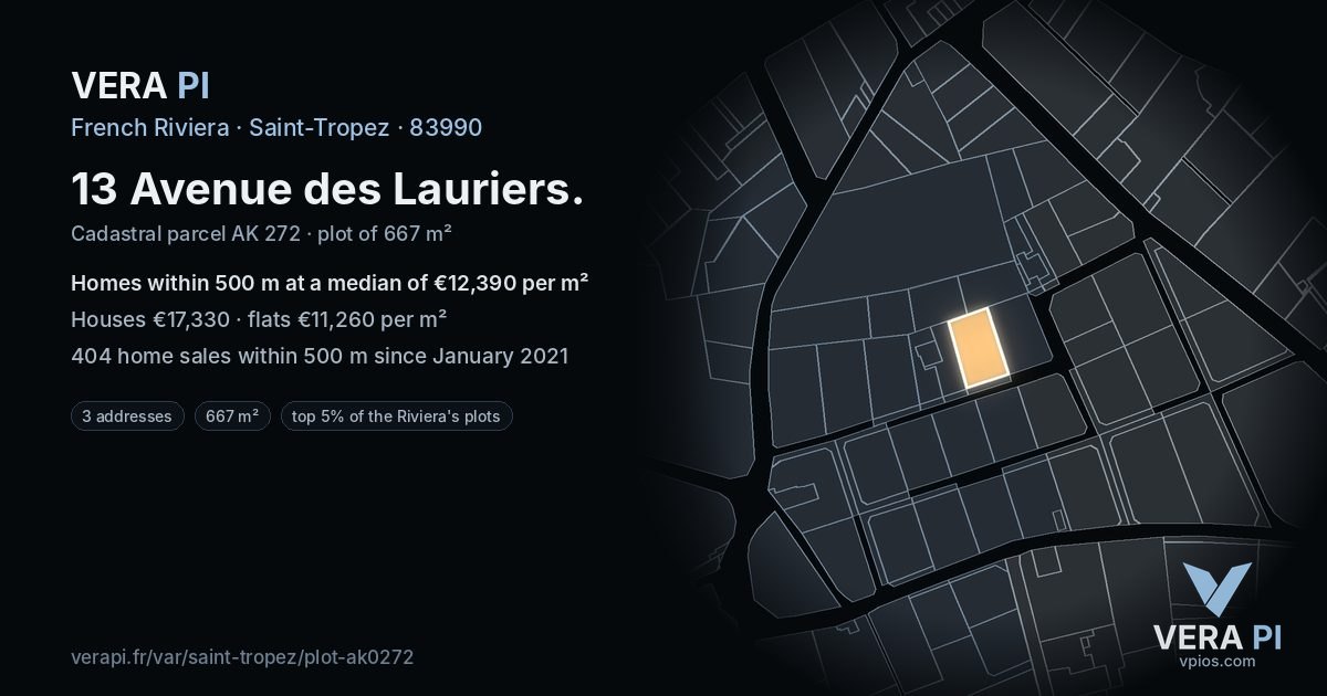 13 Avenue des Lauriers, Saint-Tropez at night – the plot lit, the parcels around coloured by the prices near them