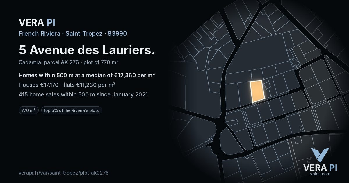 5 Avenue des Lauriers, Saint-Tropez at night – the plot lit, the parcels around coloured by the prices near them