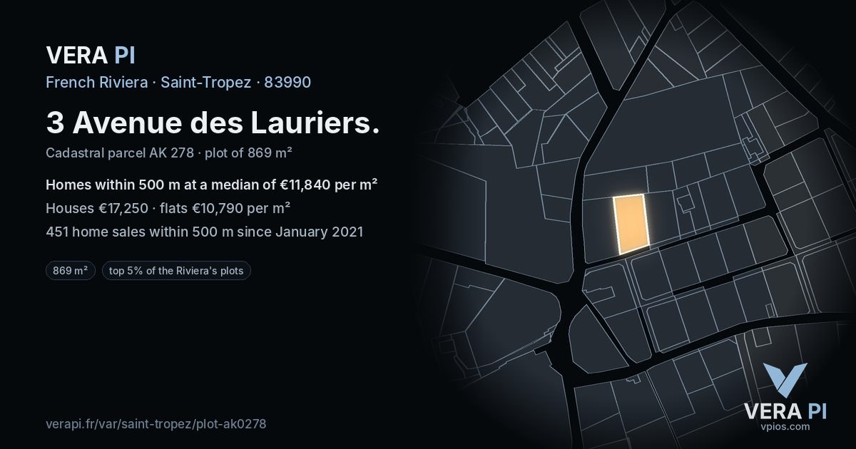 3 Avenue des Lauriers, Saint-Tropez at night – the plot lit, the parcels around coloured by the prices near them