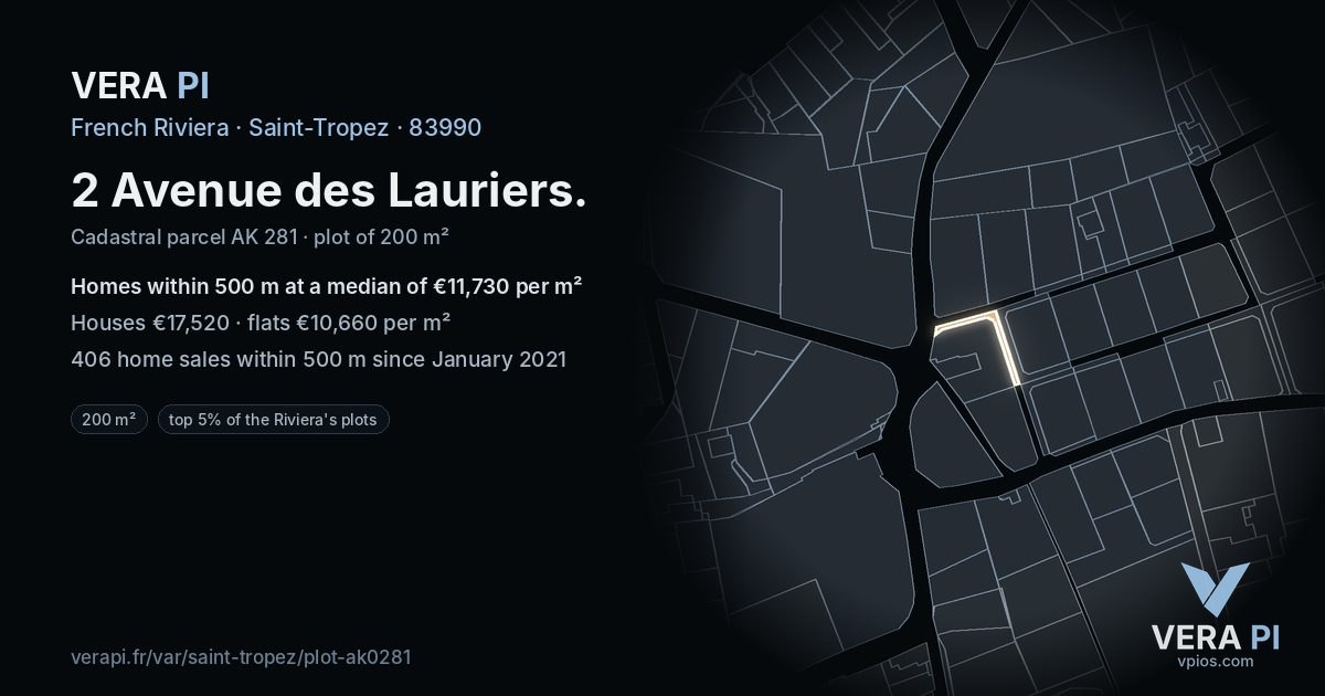 2 Avenue des Lauriers, Saint-Tropez at night – the plot lit, the parcels around coloured by the prices near them