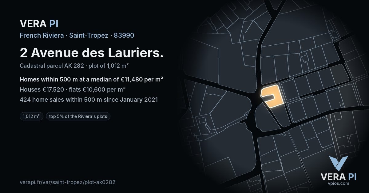 2 Avenue des Lauriers, Saint-Tropez at night – the plot lit, the parcels around coloured by the prices near them