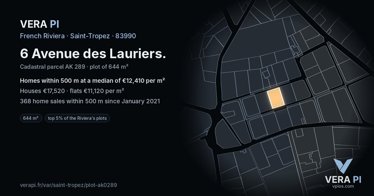 6 Avenue des Lauriers, Saint-Tropez at night – the plot lit, the parcels around coloured by the prices near them