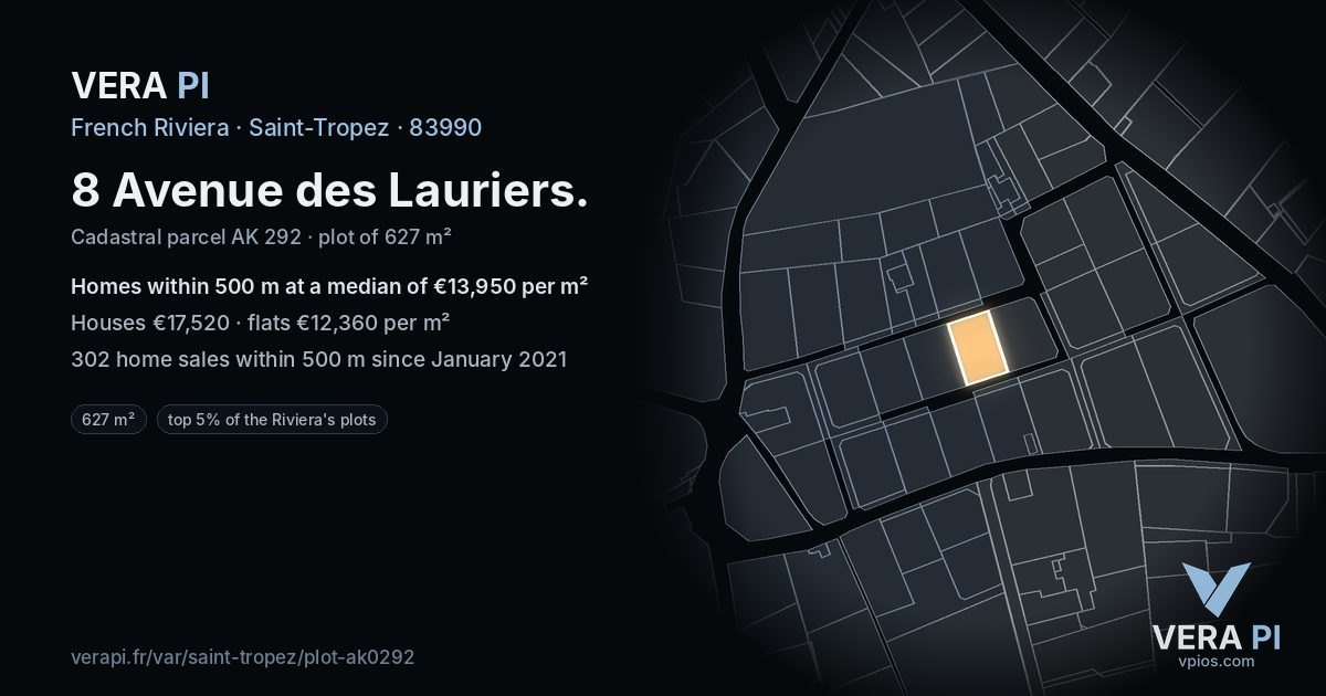 8 Avenue des Lauriers, Saint-Tropez at night – the plot lit, the parcels around coloured by the prices near them