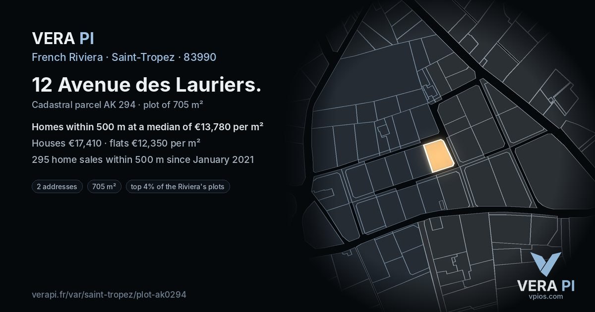12 Avenue des Lauriers, Saint-Tropez at night – the plot lit, the parcels around coloured by the prices near them
