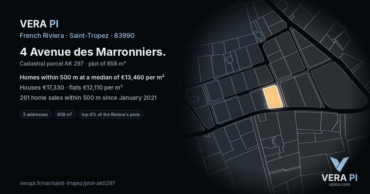 4 Avenue des Marronniers, Saint-Tropez at night – the plot lit, the parcels around coloured by the prices near them