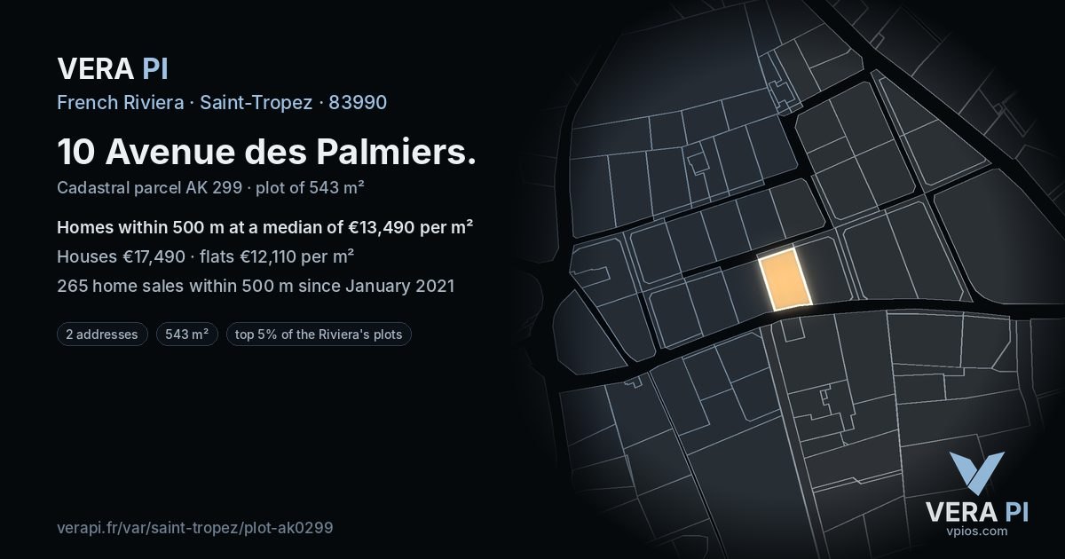 10 Avenue des Palmiers, Saint-Tropez at night – the plot lit, the parcels around coloured by the prices near them