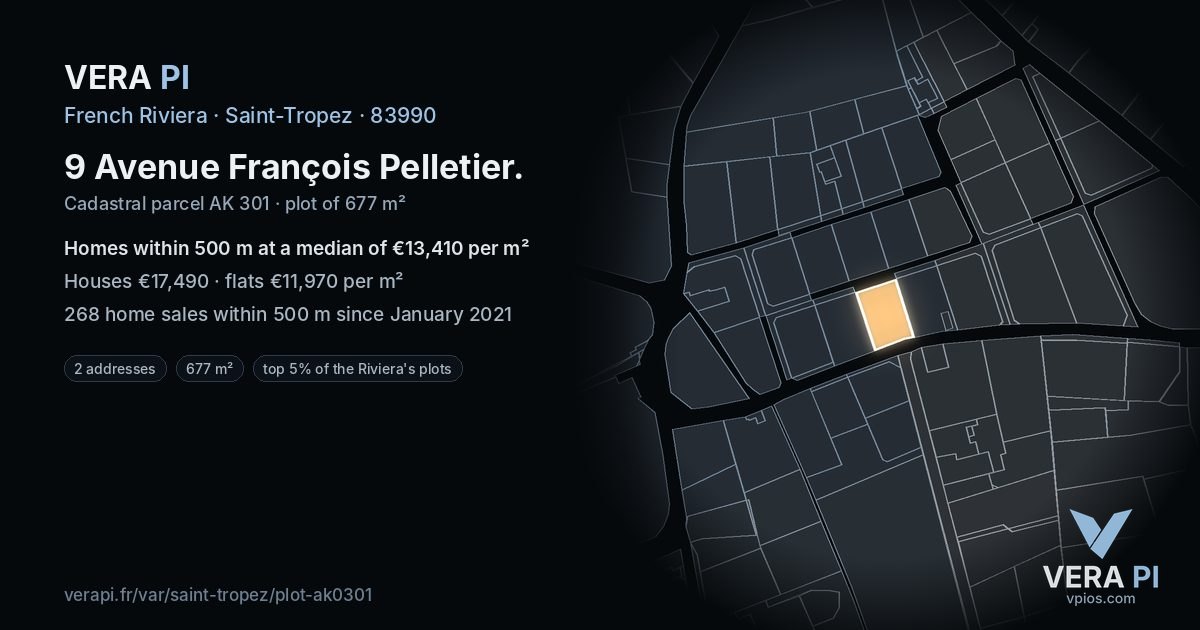 9 Avenue François Pelletier, Saint-Tropez at night – the plot lit, the parcels around coloured by the prices near them