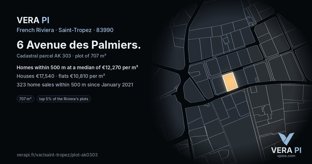 6 Avenue des Palmiers, Saint-Tropez at night – the plot lit, the parcels around coloured by the prices near them