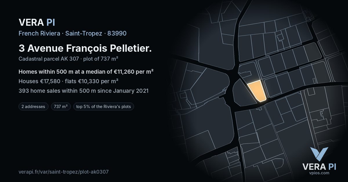 3 Avenue François Pelletier, Saint-Tropez at night – the plot lit, the parcels around coloured by the prices near them