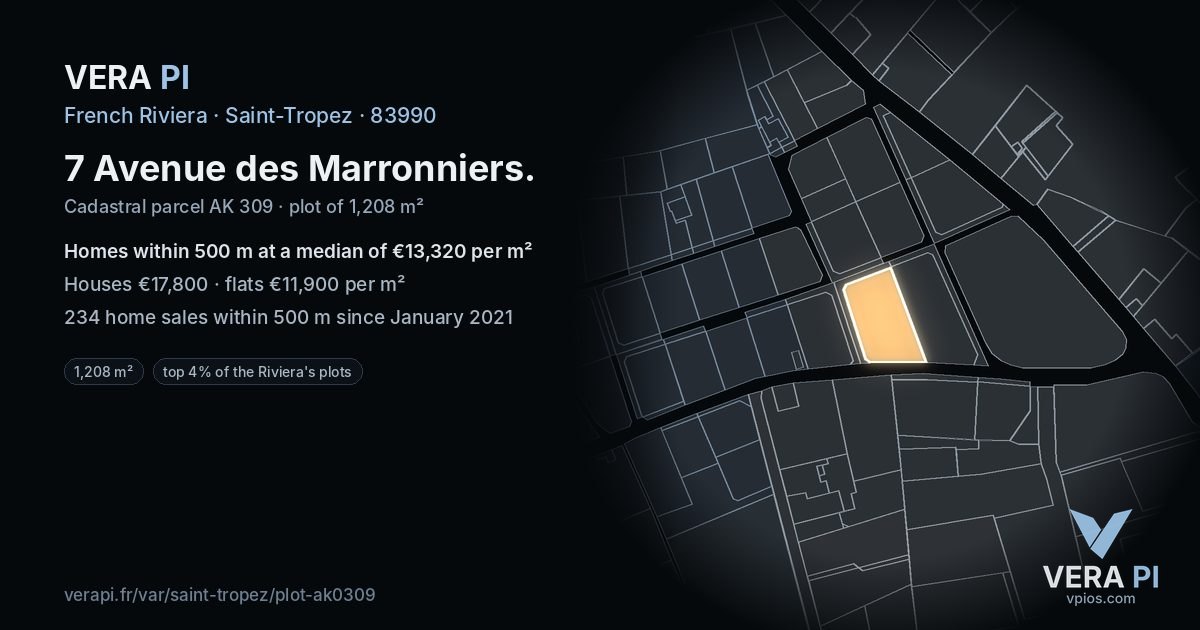 7 Avenue des Marronniers, Saint-Tropez at night – the plot lit, the parcels around coloured by the prices near them