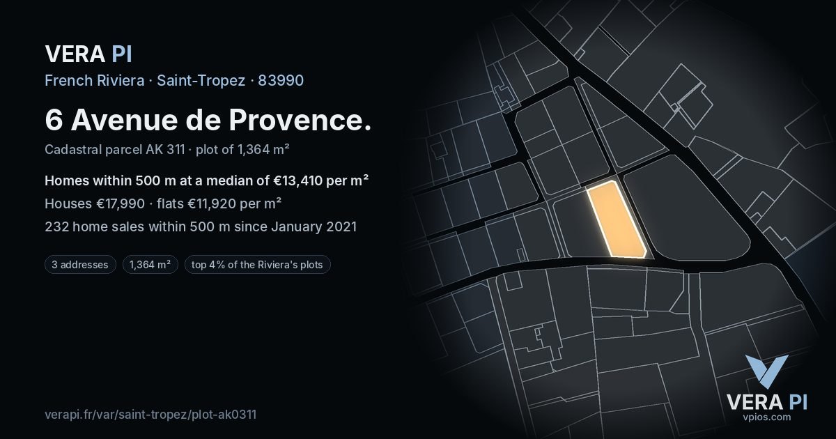 6 Avenue de Provence, Saint-Tropez at night – the plot lit, the parcels around coloured by the prices near them