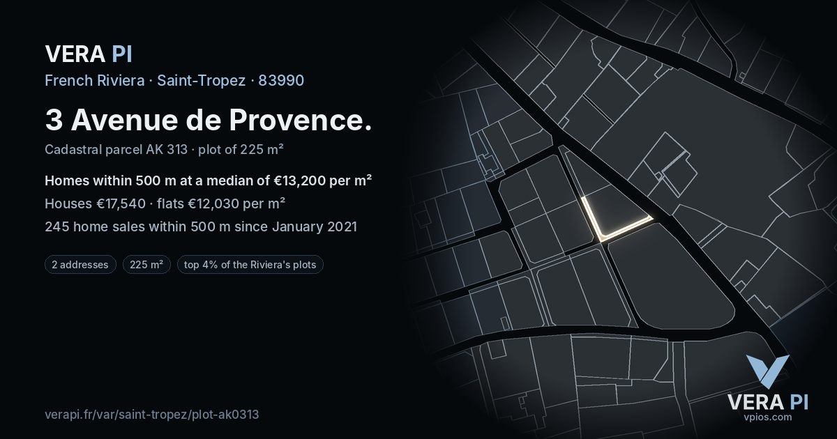 3 Avenue de Provence, Saint-Tropez at night – the plot lit, the parcels around coloured by the prices near them