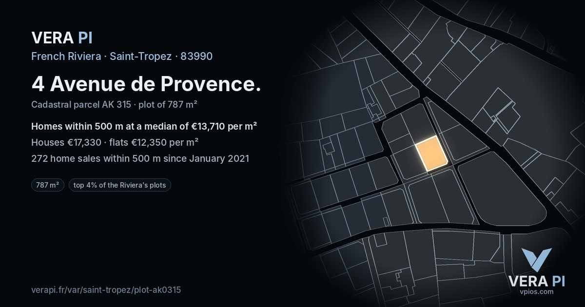 4 Avenue de Provence, Saint-Tropez at night – the plot lit, the parcels around coloured by the prices near them
