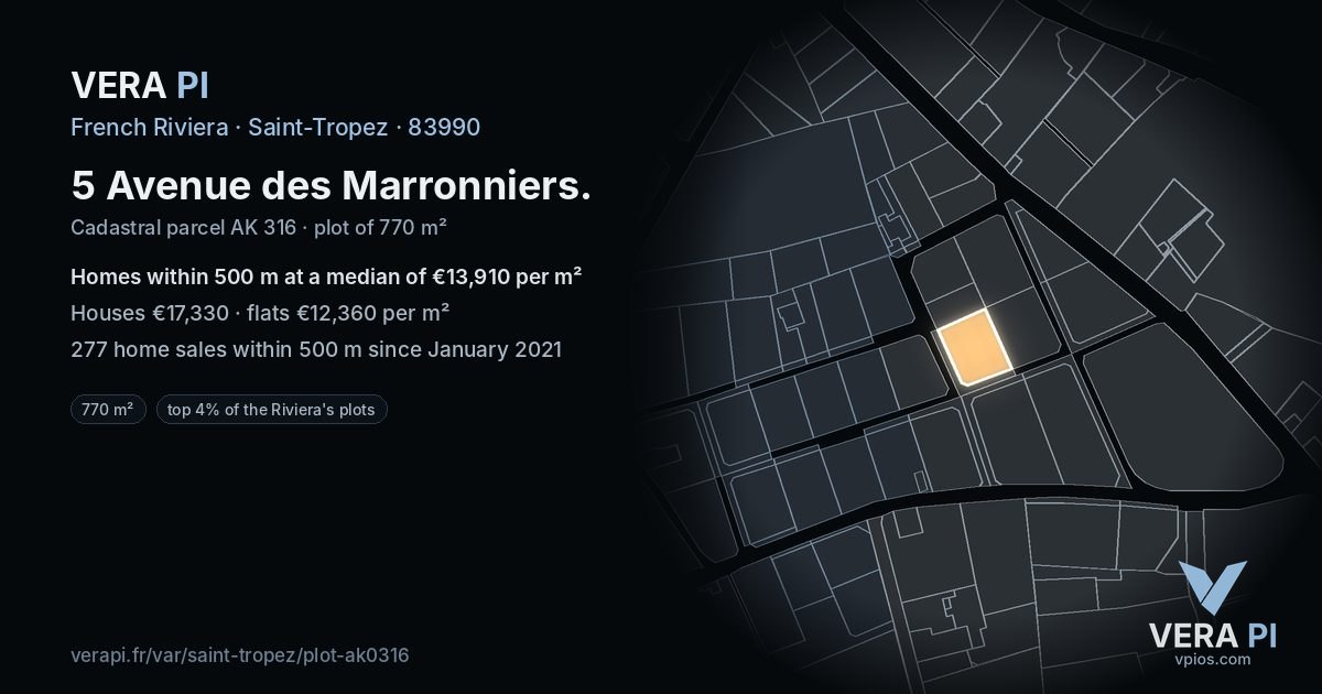 5 Avenue des Marronniers, Saint-Tropez at night – the plot lit, the parcels around coloured by the prices near them