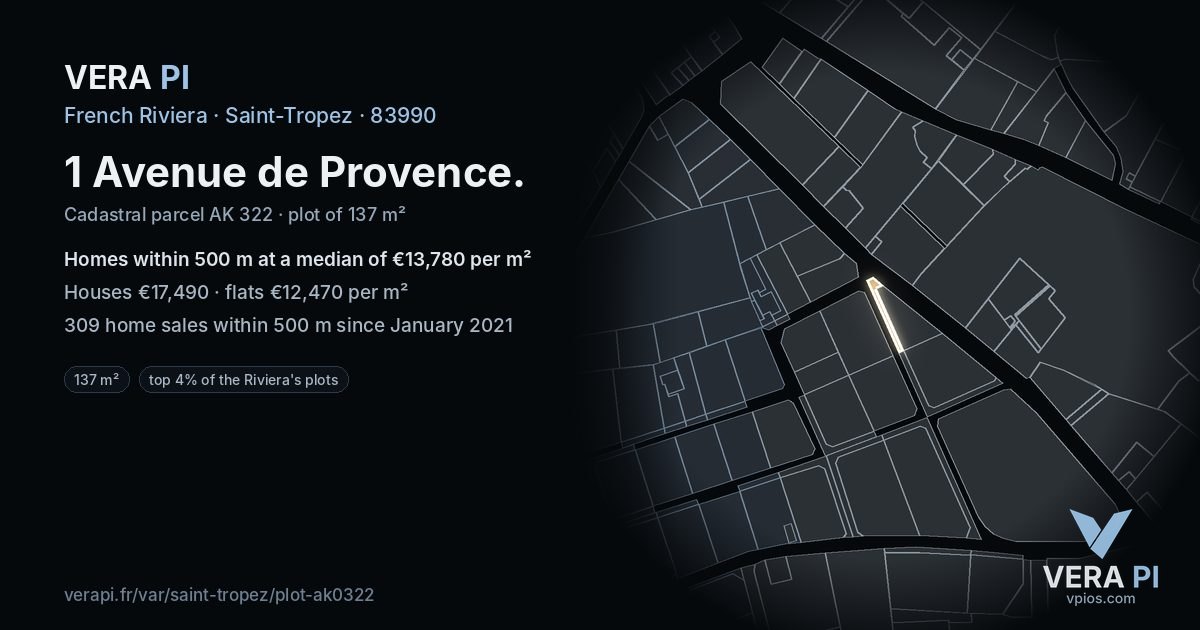 1 Avenue de Provence, Saint-Tropez at night – the plot lit, the parcels around coloured by the prices near them