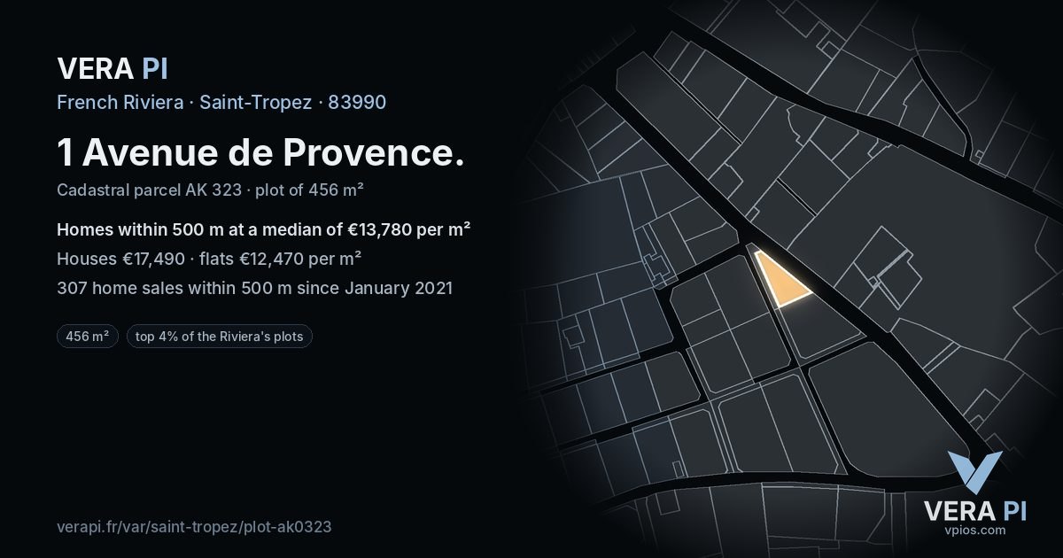 1 Avenue de Provence, Saint-Tropez at night – the plot lit, the parcels around coloured by the prices near them