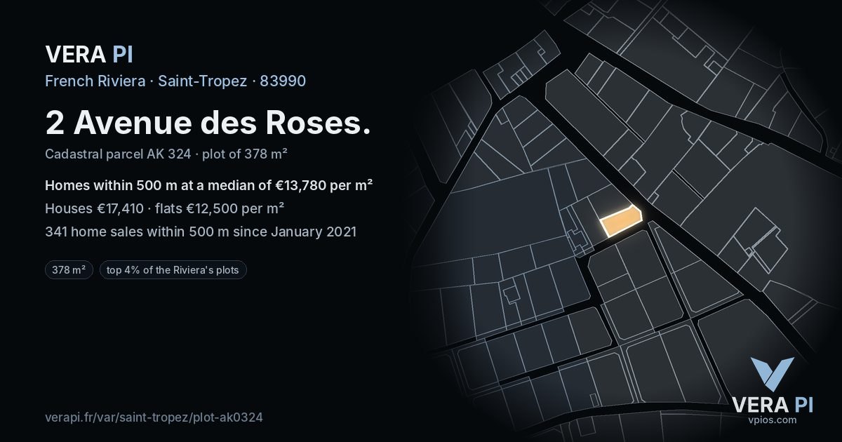 2 Avenue des Roses, Saint-Tropez at night – the plot lit, the parcels around coloured by the prices near them