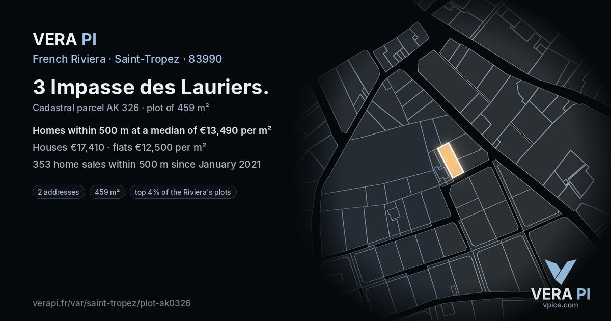 3 Impasse des Lauriers, Saint-Tropez at night – the plot lit, the parcels around coloured by the prices near them