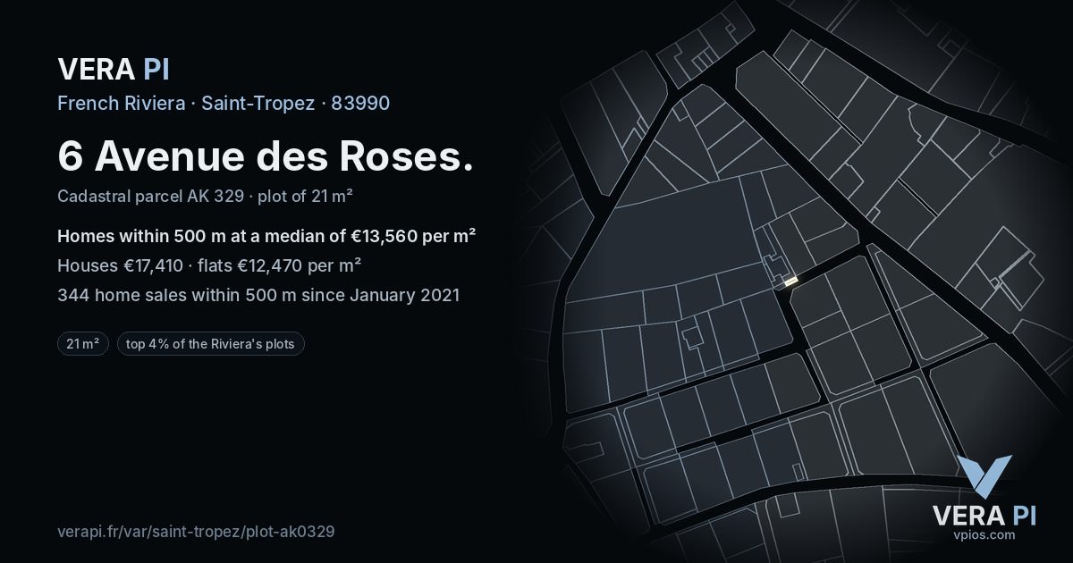 6 Avenue des Roses, Saint-Tropez at night – the plot lit, the parcels around coloured by the prices near them