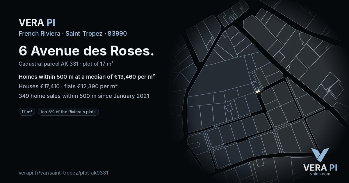 6 Avenue des Roses, Saint-Tropez at night – the plot lit, the parcels around coloured by the prices near them