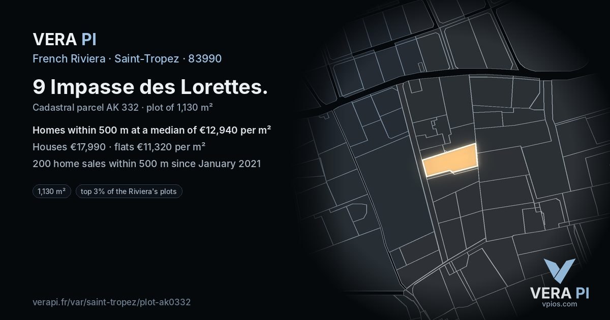 9 Impasse des Lorettes, Saint-Tropez at night – the plot lit, the parcels around coloured by the prices near them